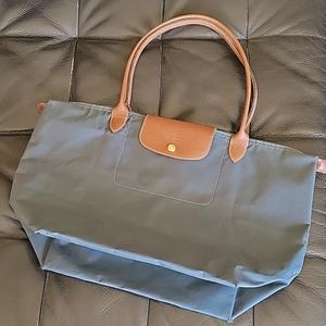 Longchamp Navy Nylon Tote with Brown Leather Trim